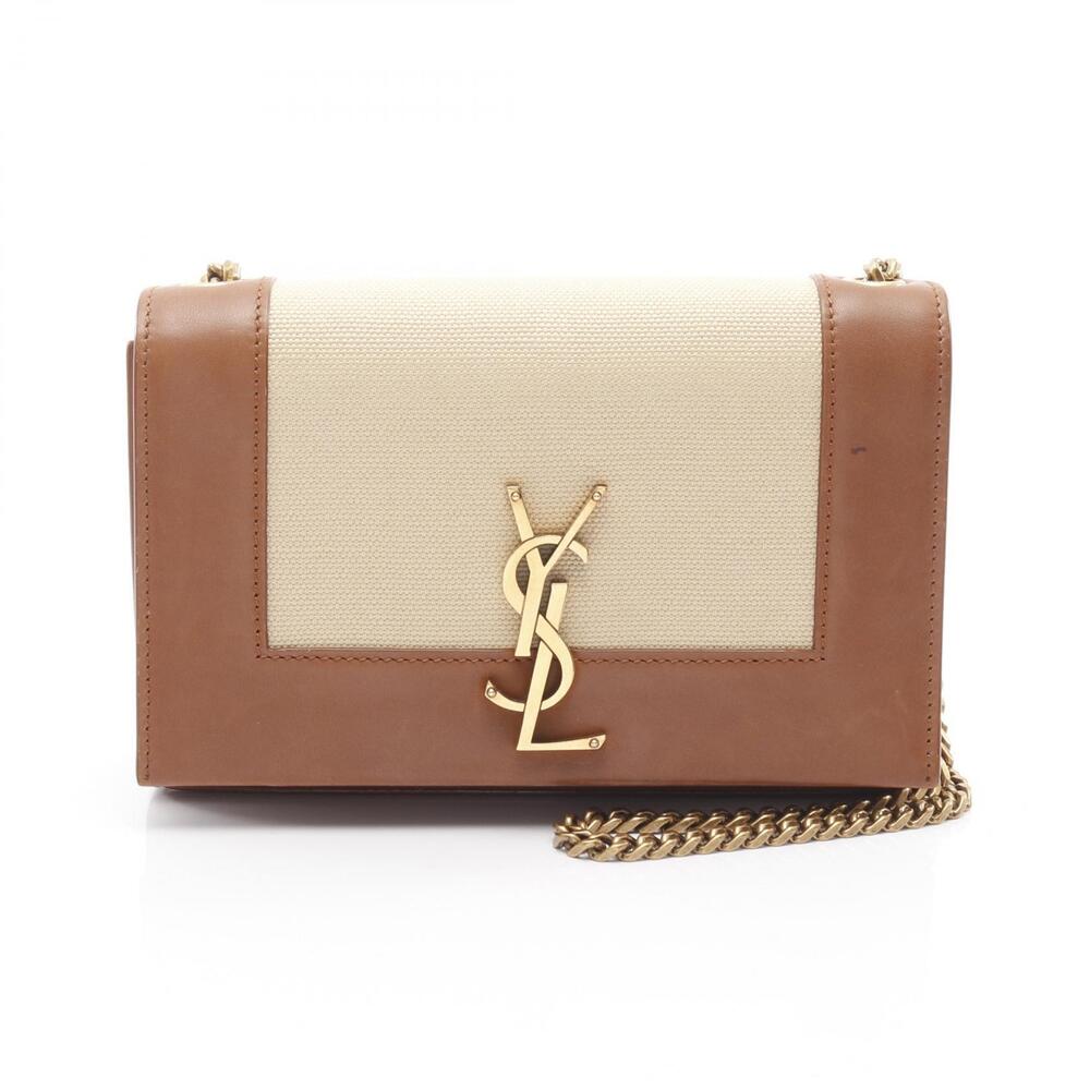 Saint Laurent Paris Kate Shoulder Bag Canvas Leather Beige Brown